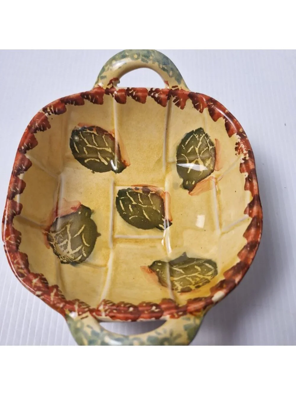 ITALIAN POTTERY CERAMIC SERVING DISH BASKET WITH 2 HANDLES SQUARE SHAPE **READ